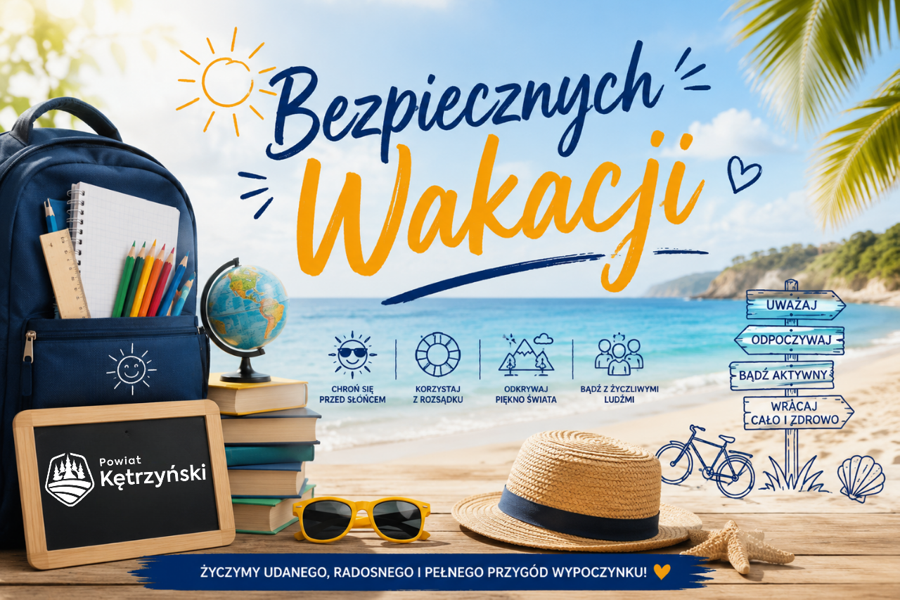 Grafika z życzeniami dla uczniów - bezpiecznych wakacji